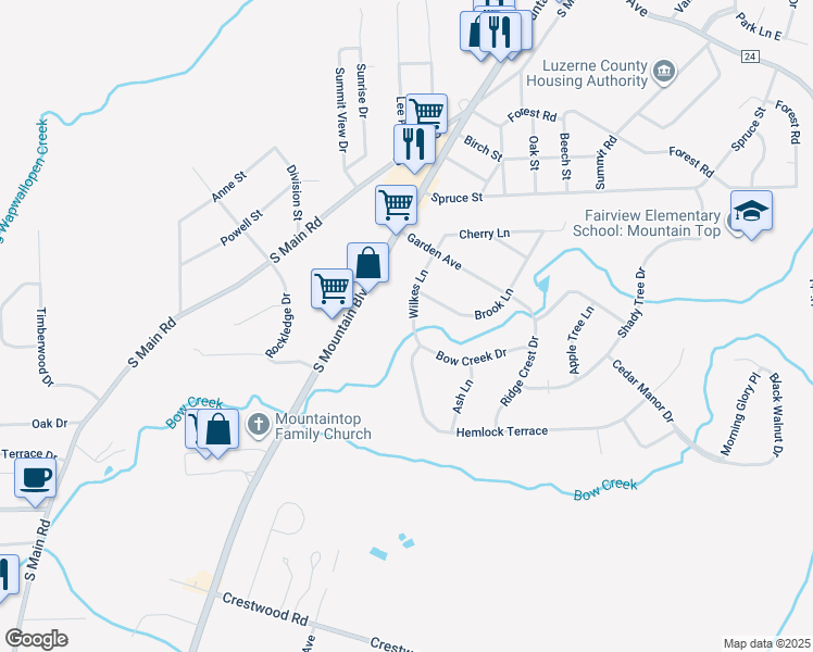 map of restaurants, bars, coffee shops, grocery stores, and more near 33 Wilkes Lane in Mountain Top