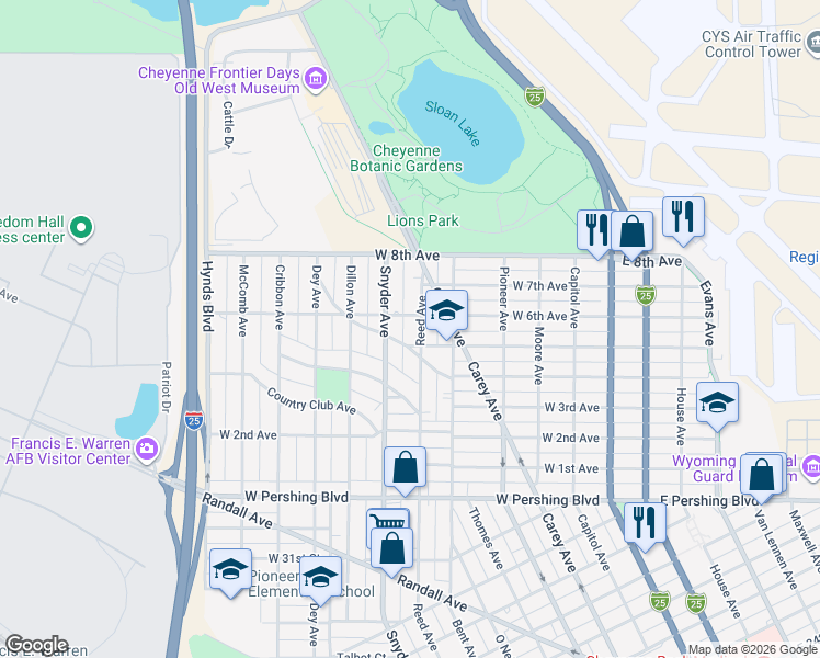 map of restaurants, bars, coffee shops, grocery stores, and more near 812-818 Frontier Park Avenue in Cheyenne