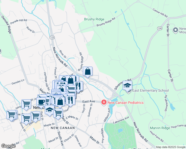 map of restaurants, bars, coffee shops, grocery stores, and more near 16 Urban Street in New Canaan