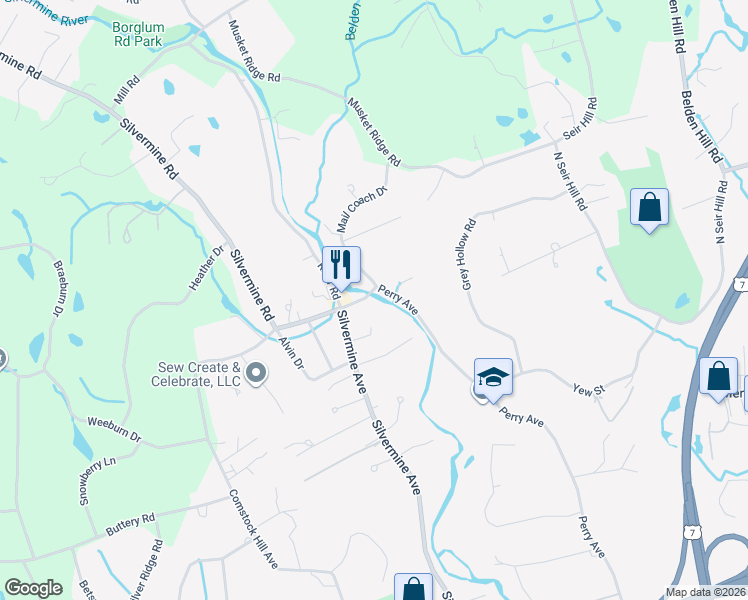map of restaurants, bars, coffee shops, grocery stores, and more near 192 Perry Avenue in Norwalk
