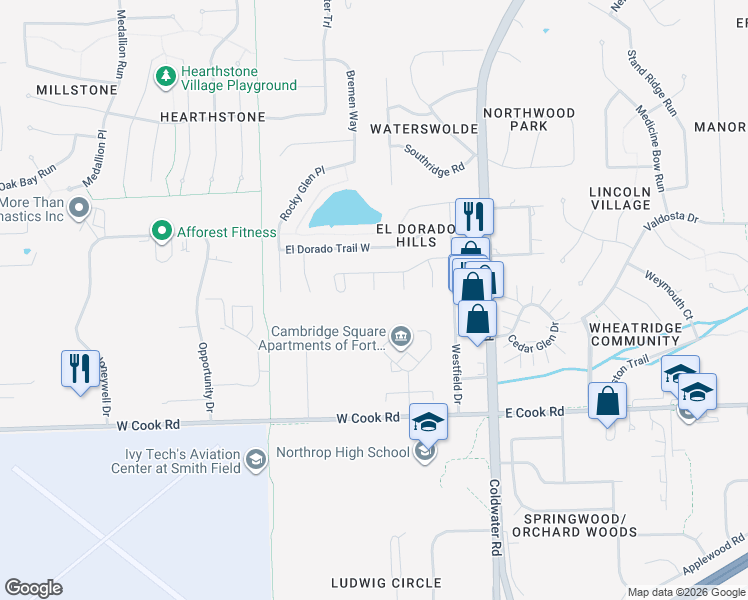 map of restaurants, bars, coffee shops, grocery stores, and more near 7802 Noble Ridge Place in Fort Wayne