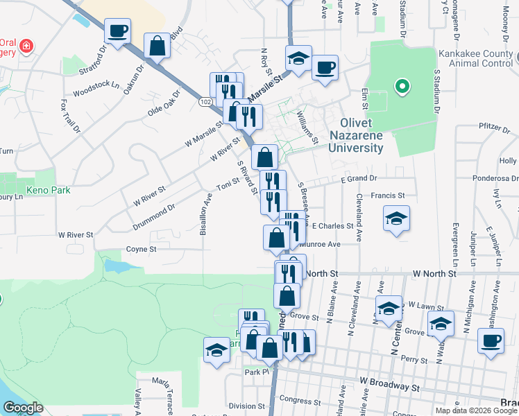 map of restaurants, bars, coffee shops, grocery stores, and more near 479 South Rivard Street in Bourbonnais