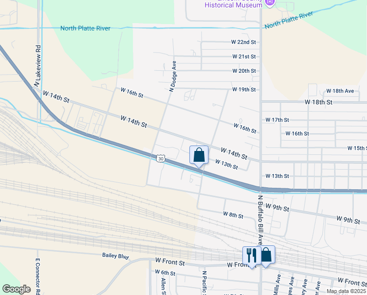 map of restaurants, bars, coffee shops, grocery stores, and more near 3099 West 13th Street in North Platte