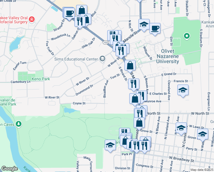 map of restaurants, bars, coffee shops, grocery stores, and more near 430 Bisaillon Avenue in Bourbonnais