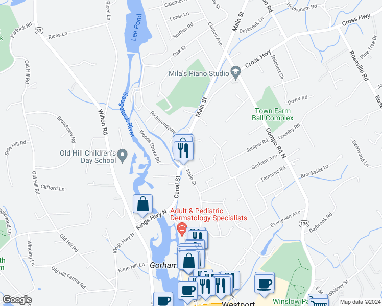 map of restaurants, bars, coffee shops, grocery stores, and more near 360 Main Street in Westport