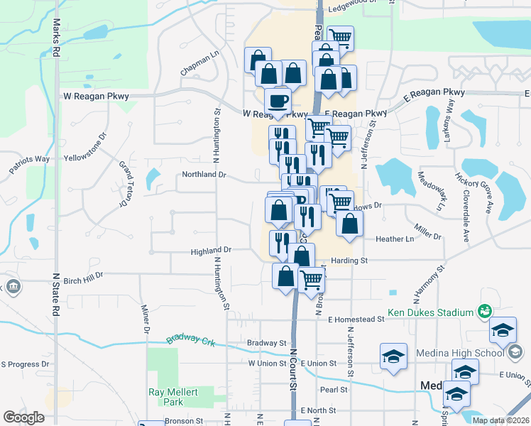 map of restaurants, bars, coffee shops, grocery stores, and more near 860 Walter Road in Medina