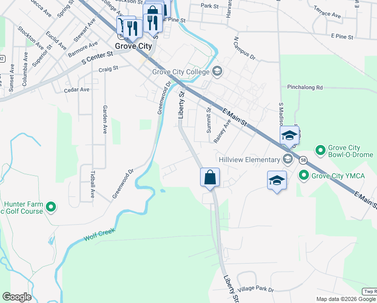 map of restaurants, bars, coffee shops, grocery stores, and more near 540 Liberty Street in Grove City