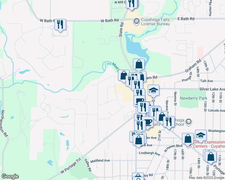 map of restaurants, bars, coffee shops, grocery stores, and more near 2906 Burnham Jump Drive in Cuyahoga Falls