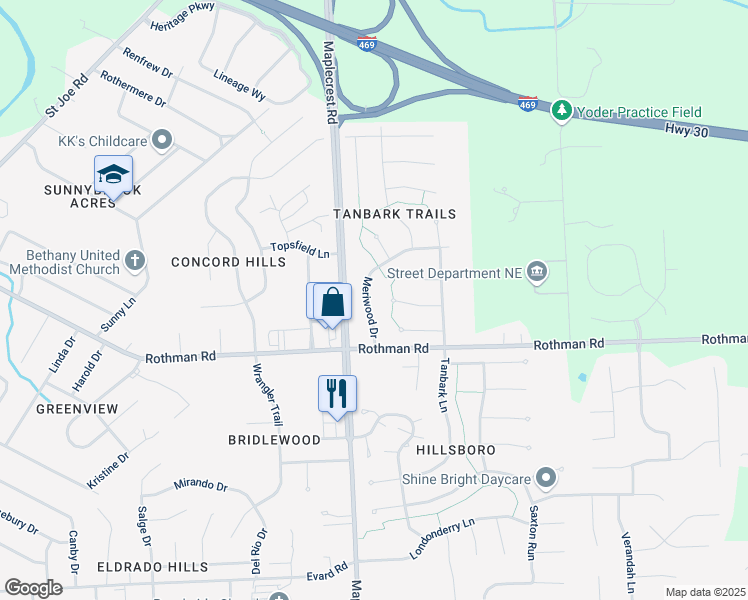 map of restaurants, bars, coffee shops, grocery stores, and more near 7516 Meriwood Drive in Fort Wayne