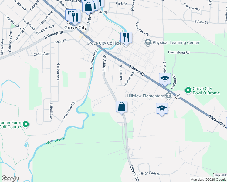 map of restaurants, bars, coffee shops, grocery stores, and more near 540 Liberty Street in Grove City