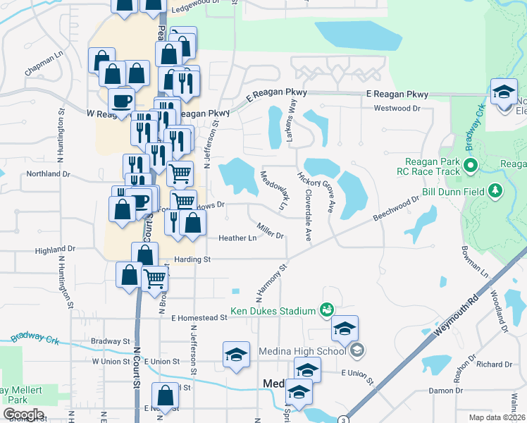 map of restaurants, bars, coffee shops, grocery stores, and more near 342 Forest Meadows Drive in Medina