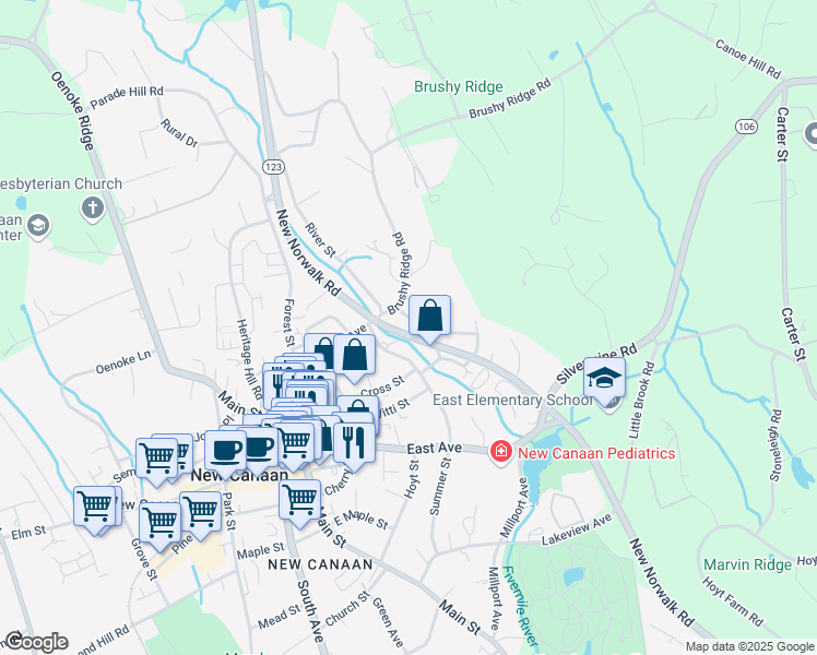 map of restaurants, bars, coffee shops, grocery stores, and more near 30 Hill Street in New Canaan