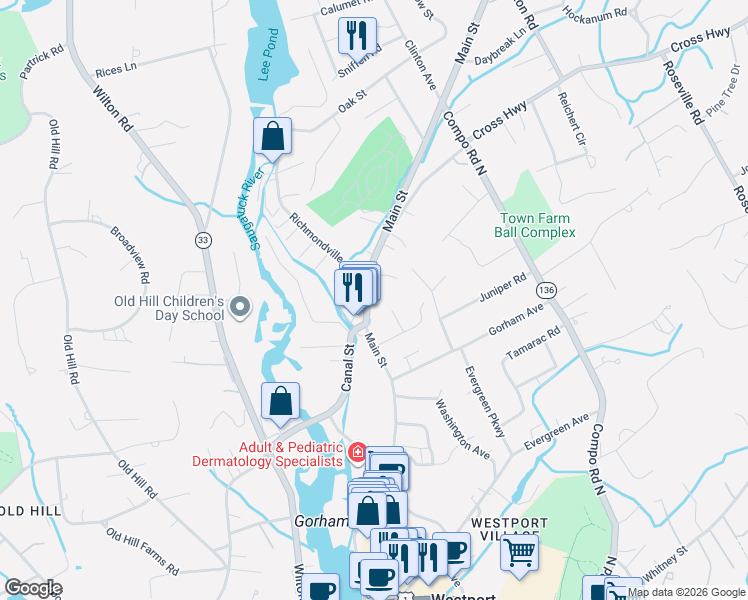 map of restaurants, bars, coffee shops, grocery stores, and more near 360 Main Street in Westport
