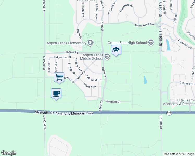 map of restaurants, bars, coffee shops, grocery stores, and more near 18650 Sheffield Street in Omaha