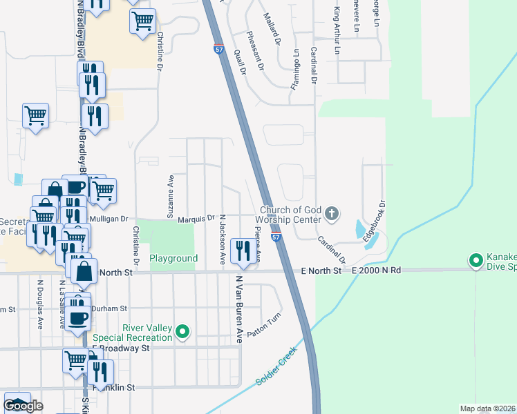 map of restaurants, bars, coffee shops, grocery stores, and more near 544 Pierce Avenue in Bradley