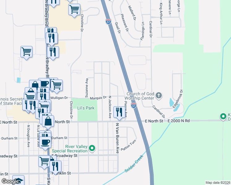 map of restaurants, bars, coffee shops, grocery stores, and more near 527 North Van Buren Avenue in Bradley