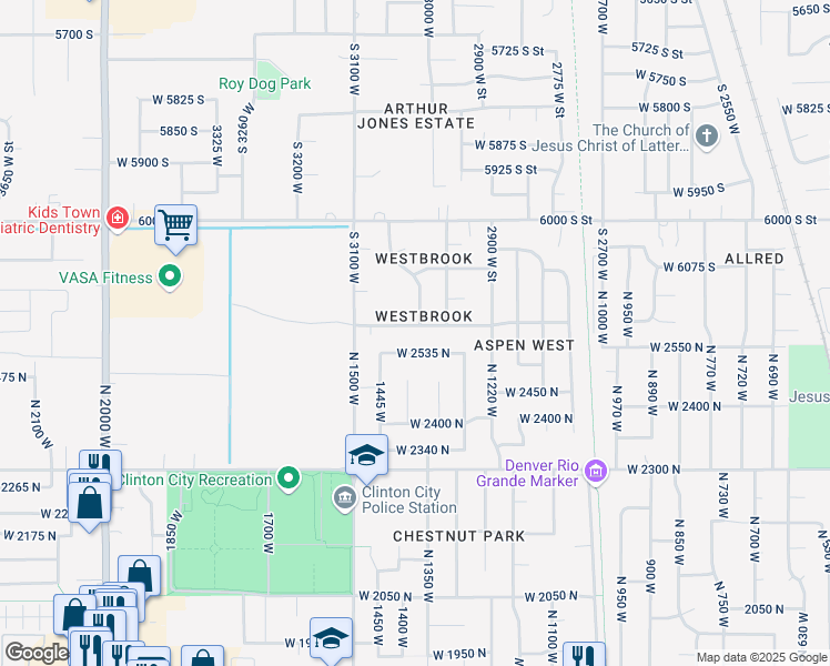 map of restaurants, bars, coffee shops, grocery stores, and more near 1377 West 2600 North in Clinton
