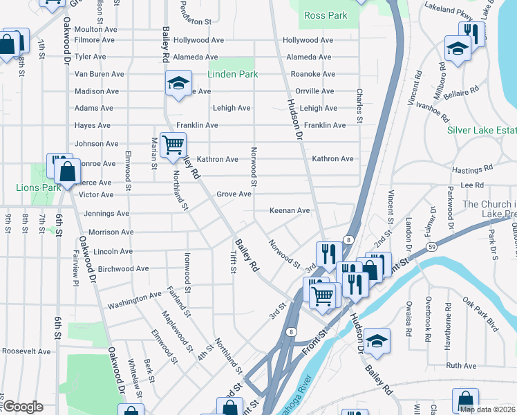 map of restaurants, bars, coffee shops, grocery stores, and more near 413 Keenan Avenue in Cuyahoga Falls