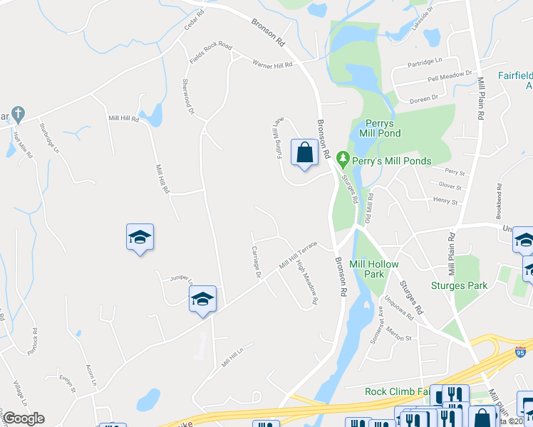 map of restaurants, bars, coffee shops, grocery stores, and more near 91 Meadow Ridge Road in Fairfield