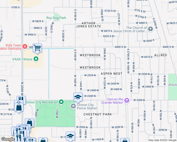 map of restaurants, bars, coffee shops, grocery stores, and more near 1377 West 2600 North in Clinton