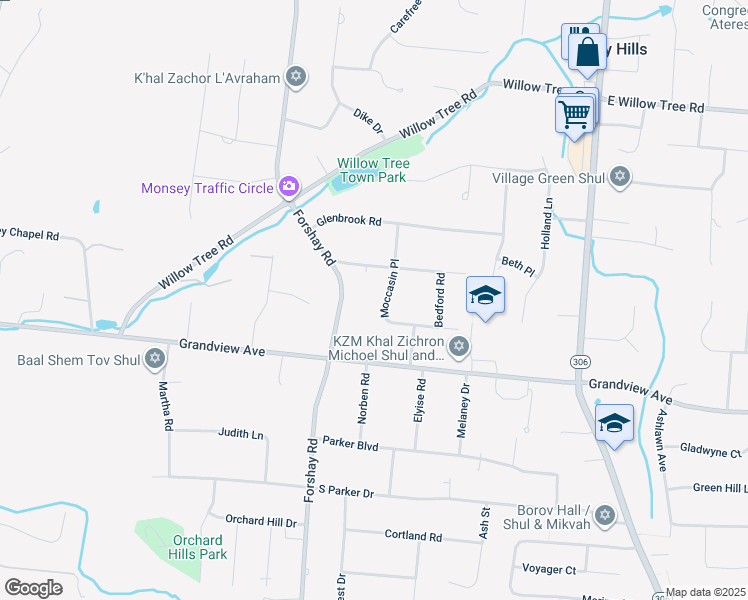 map of restaurants, bars, coffee shops, grocery stores, and more near 10 Moccasin Place in Monsey