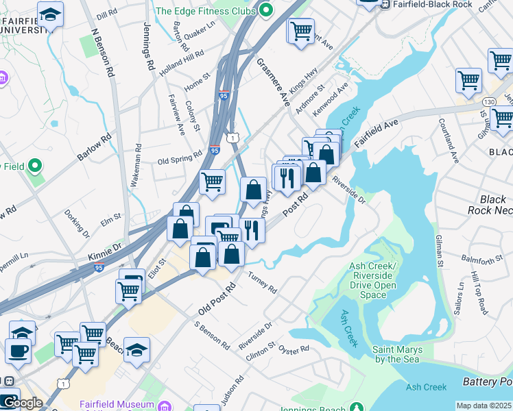 map of restaurants, bars, coffee shops, grocery stores, and more near 953-1209 Kings Highway Cutoff in Fairfield
