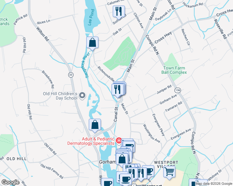 map of restaurants, bars, coffee shops, grocery stores, and more near 353 Main Street in Westport