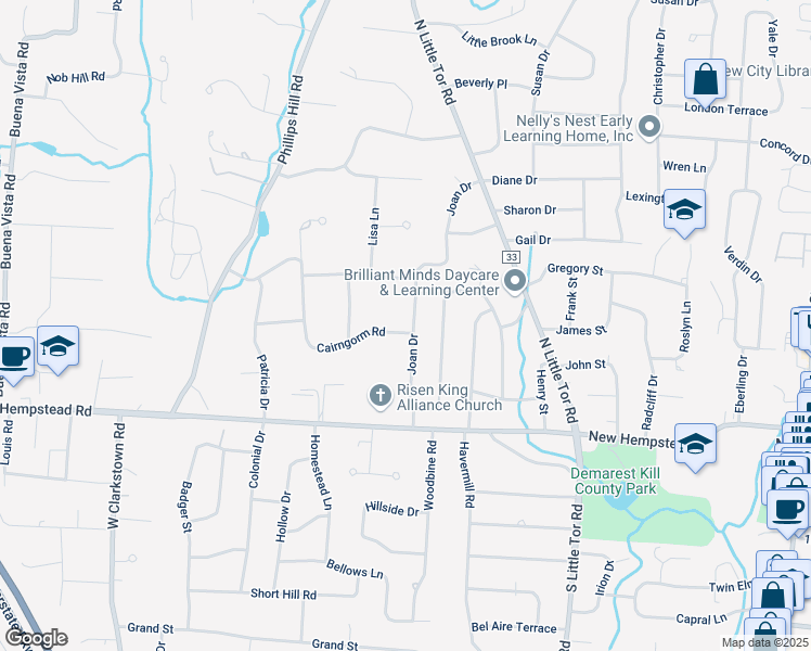 map of restaurants, bars, coffee shops, grocery stores, and more near 74 Joan Drive in New City