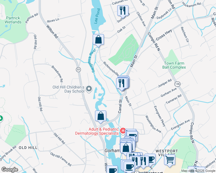 map of restaurants, bars, coffee shops, grocery stores, and more near 20 Woods Grove Road in Westport