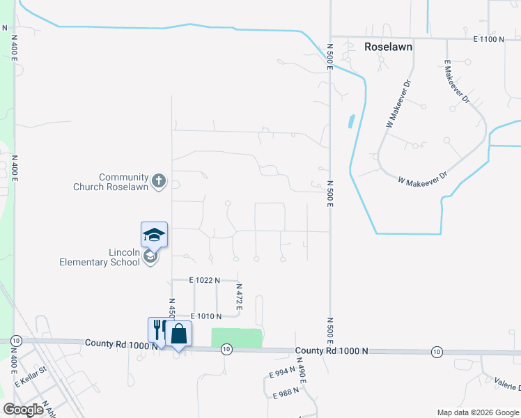 map of restaurants, bars, coffee shops, grocery stores, and more near 10446 North 477 East in De Motte