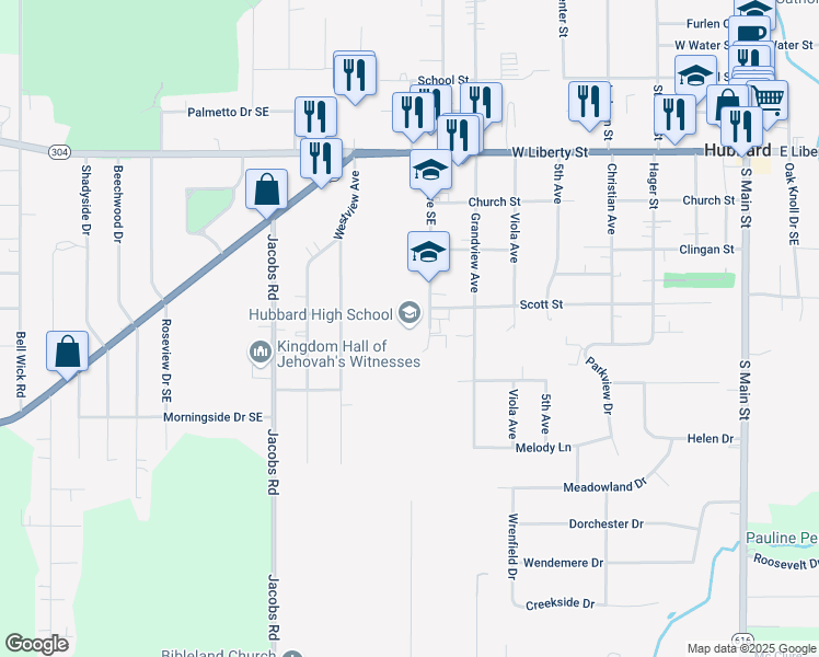 map of restaurants, bars, coffee shops, grocery stores, and more near 350 Hall Avenue Southeast in Hubbard