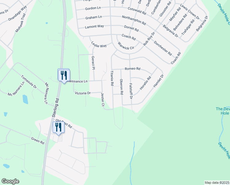 map of restaurants, bars, coffee shops, grocery stores, and more near 1512 John's Way in Tobyhanna