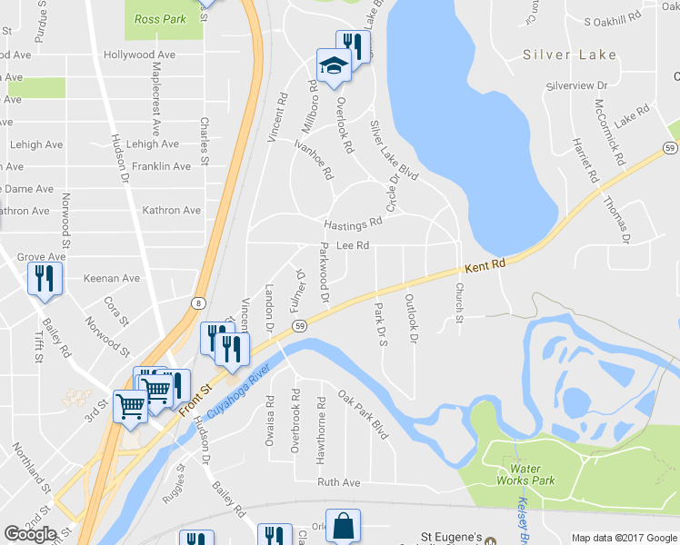 map of restaurants, bars, coffee shops, grocery stores, and more near 2872 Lakewood Drive in Silver Lake