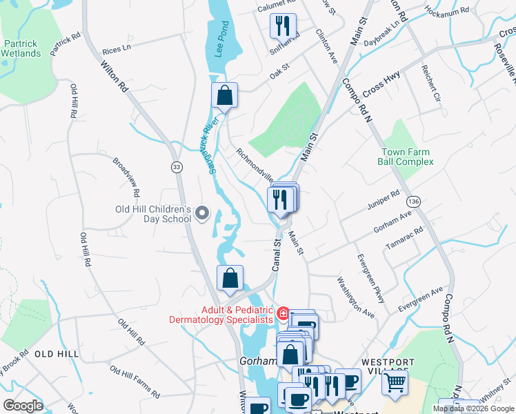 map of restaurants, bars, coffee shops, grocery stores, and more near 353 Main Street in Westport