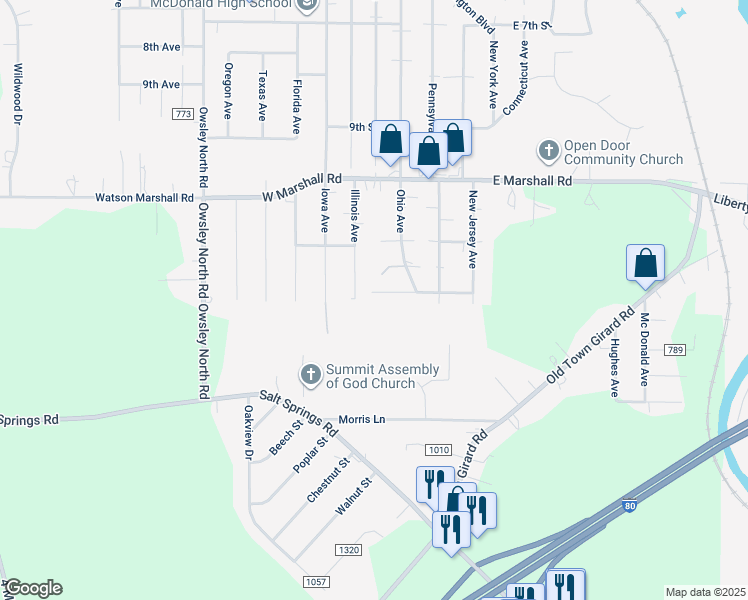 map of restaurants, bars, coffee shops, grocery stores, and more near 130 West Madison Street in McDonald