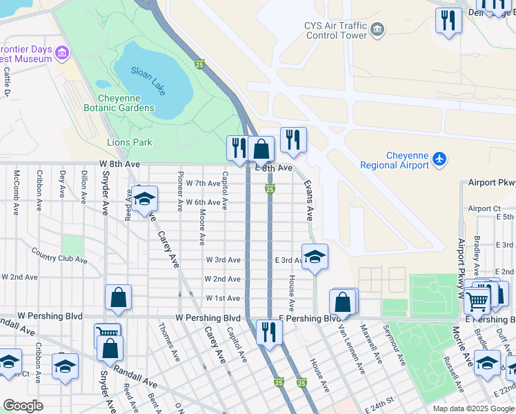 map of restaurants, bars, coffee shops, grocery stores, and more near 3814 Warren Avenue in Cheyenne