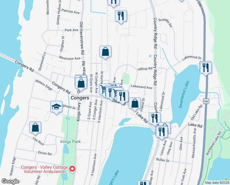 map of restaurants, bars, coffee shops, grocery stores, and more near 8 Burnside Avenue in Congers
