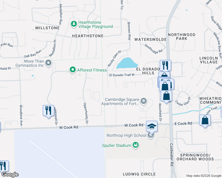 map of restaurants, bars, coffee shops, grocery stores, and more near 7805 Claridge Place in Fort Wayne