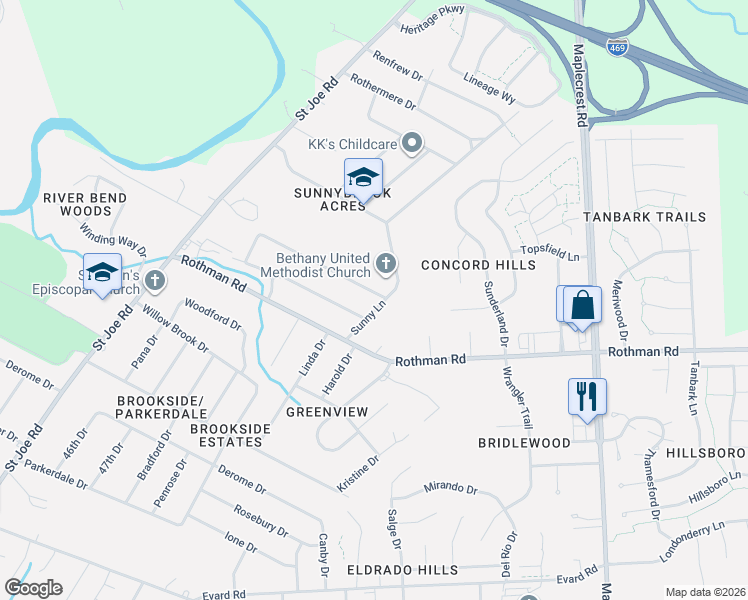 map of restaurants, bars, coffee shops, grocery stores, and more near 7593-7599 Sunny Lane in Fort Wayne