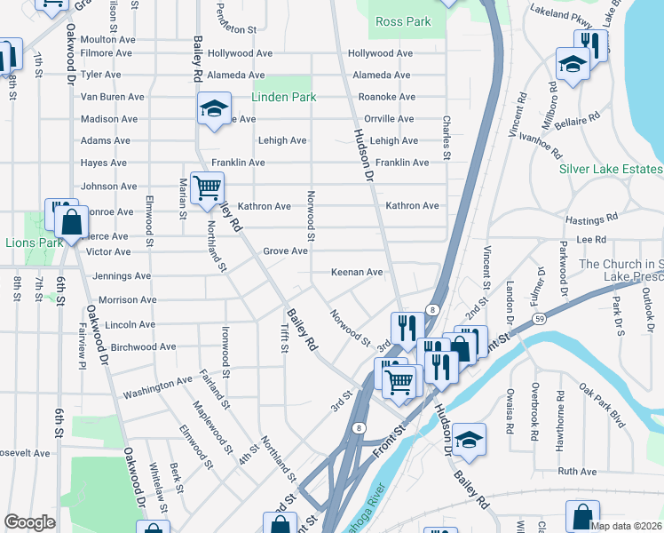map of restaurants, bars, coffee shops, grocery stores, and more near 437 Keenan Ave in Cuyahoga Falls