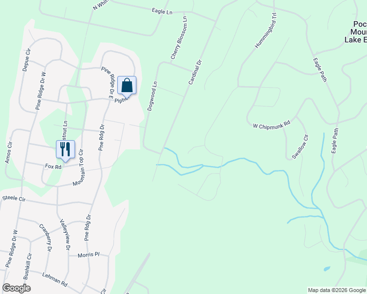 map of restaurants, bars, coffee shops, grocery stores, and more near 118 Hawk Court in Bushkill