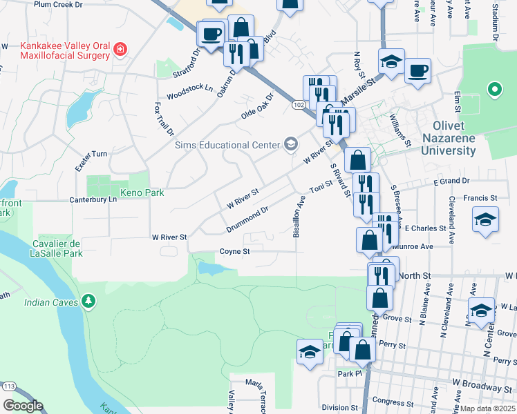 map of restaurants, bars, coffee shops, grocery stores, and more near 515 Drummond Drive in Bourbonnais