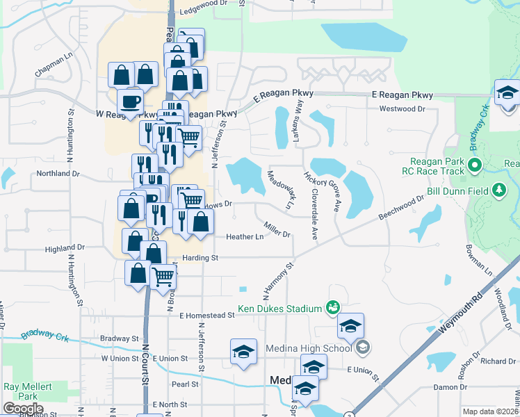 map of restaurants, bars, coffee shops, grocery stores, and more near 342 Forest Meadows Drive in Medina