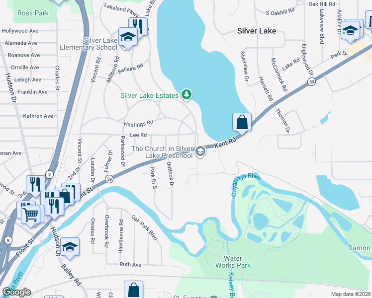 map of restaurants, bars, coffee shops, grocery stores, and more near 2930 Ohio 59 in Silver Lake