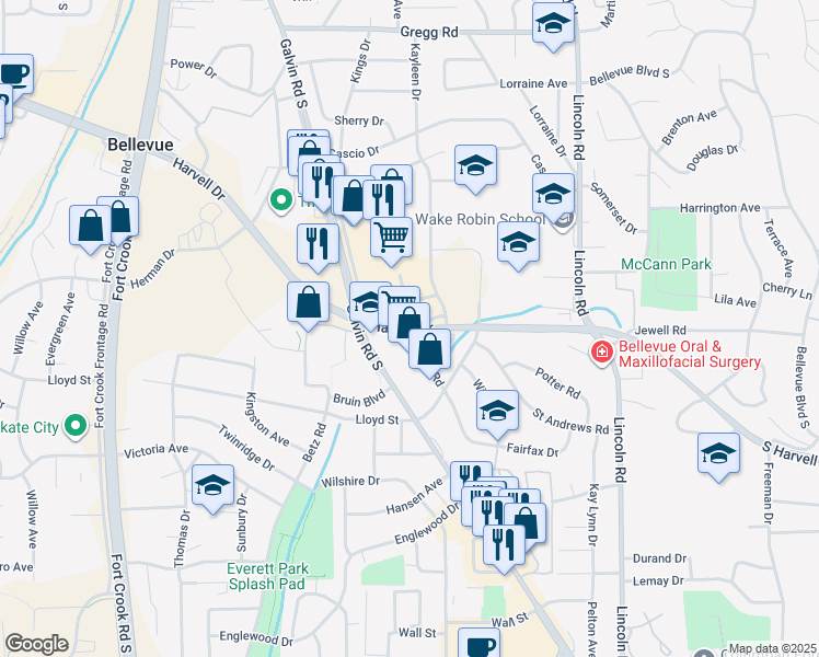 map of restaurants, bars, coffee shops, grocery stores, and more near 1601 Harvell Drive in Bellevue