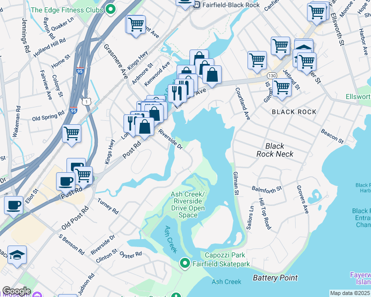 map of restaurants, bars, coffee shops, grocery stores, and more near 181 Riverside Drive in Fairfield