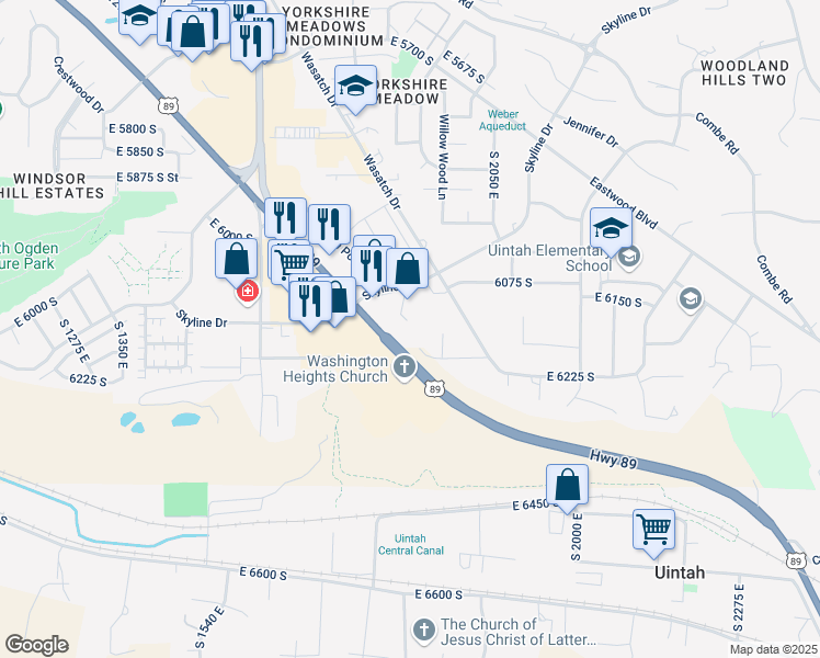 map of restaurants, bars, coffee shops, grocery stores, and more near 1865 Skyline Drive in South Ogden