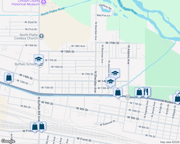 map of restaurants, bars, coffee shops, grocery stores, and more near 1800-1898 West 15th Street in North Platte