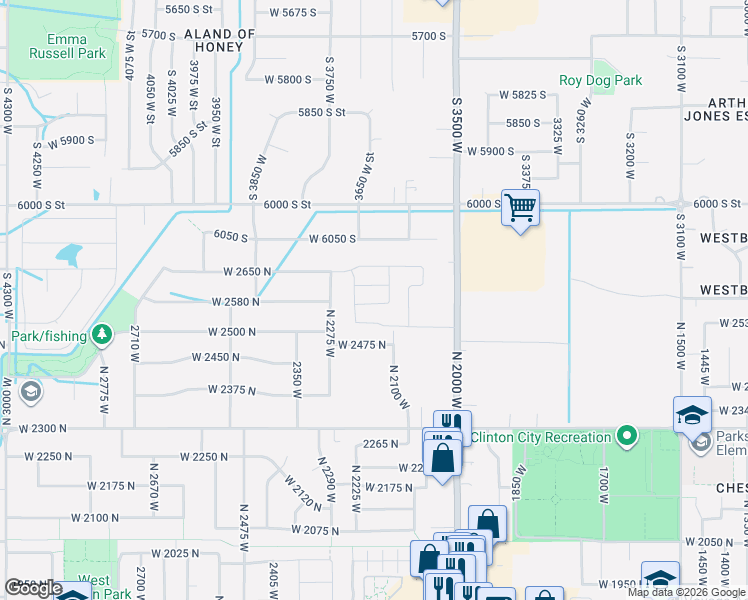 map of restaurants, bars, coffee shops, grocery stores, and more near 2146 West 2475 North in Clinton
