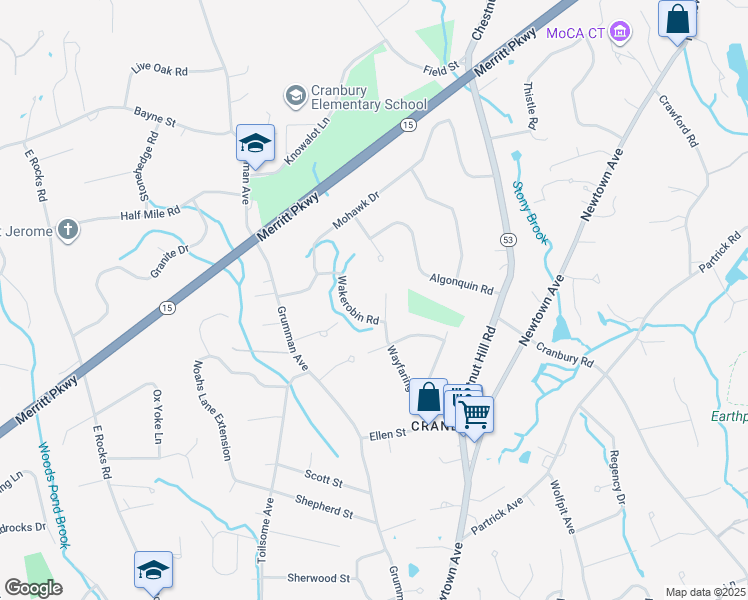 map of restaurants, bars, coffee shops, grocery stores, and more near 17 Wakerobin Road in Norwalk